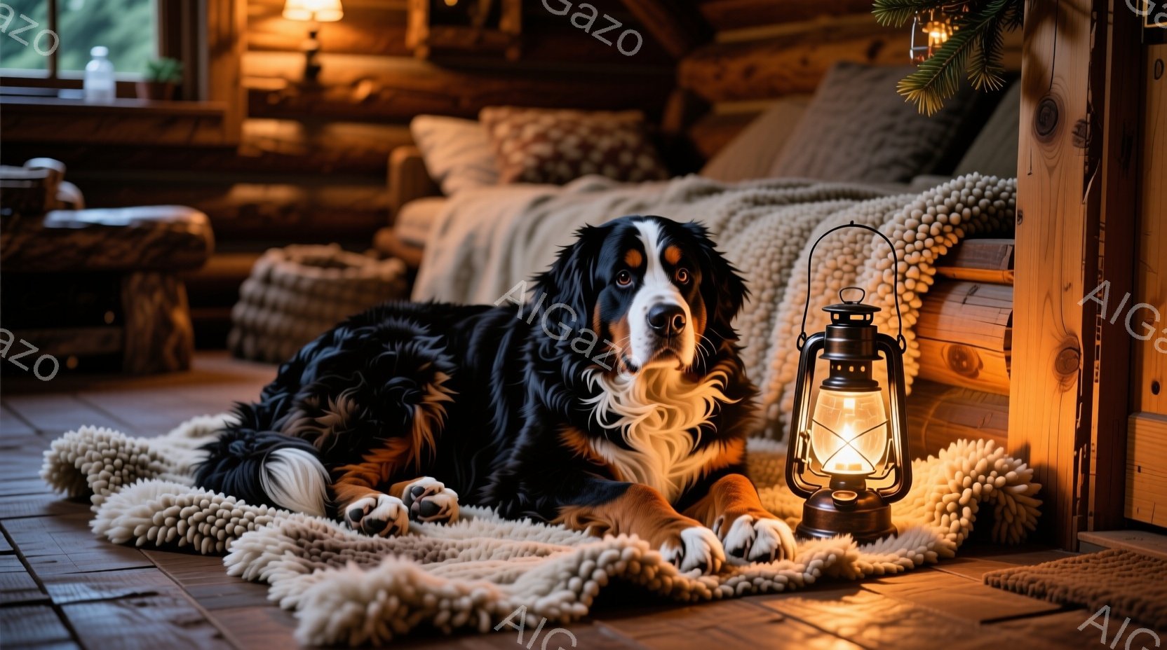 広々とした木のフローリングに、ベルン山犬が横たわっています。犬は茶色と黒の美しい毛並みで、穏やかな表情でカメラを見ています。背景には木製の家具や暖かい色の照明があり、心地よくリラックスした雰囲気を作り出しています。