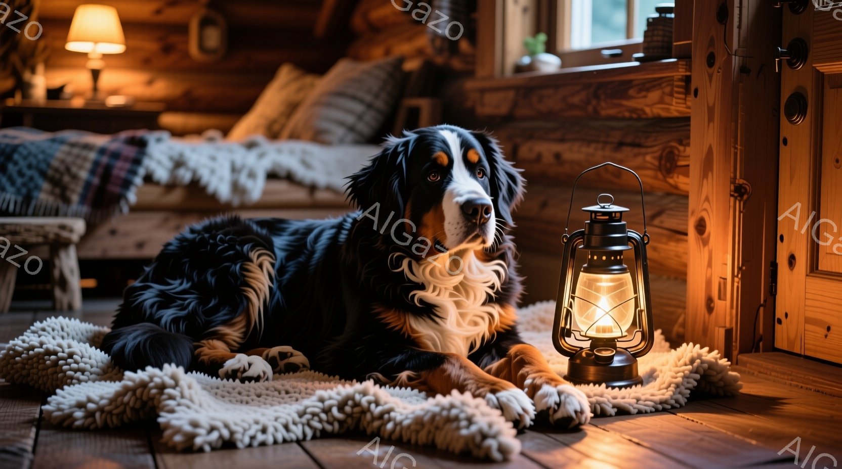 暖炉のある木の床に、ベルン山犬がリラックスして横たわっています。犬は落ち着いた表情で、柔らかな毛並みが光を受けて輝いています。背景にはベッドやランプが見え、温かく居心地の良い室内空間が広がっています。 - AI生成フリー素材