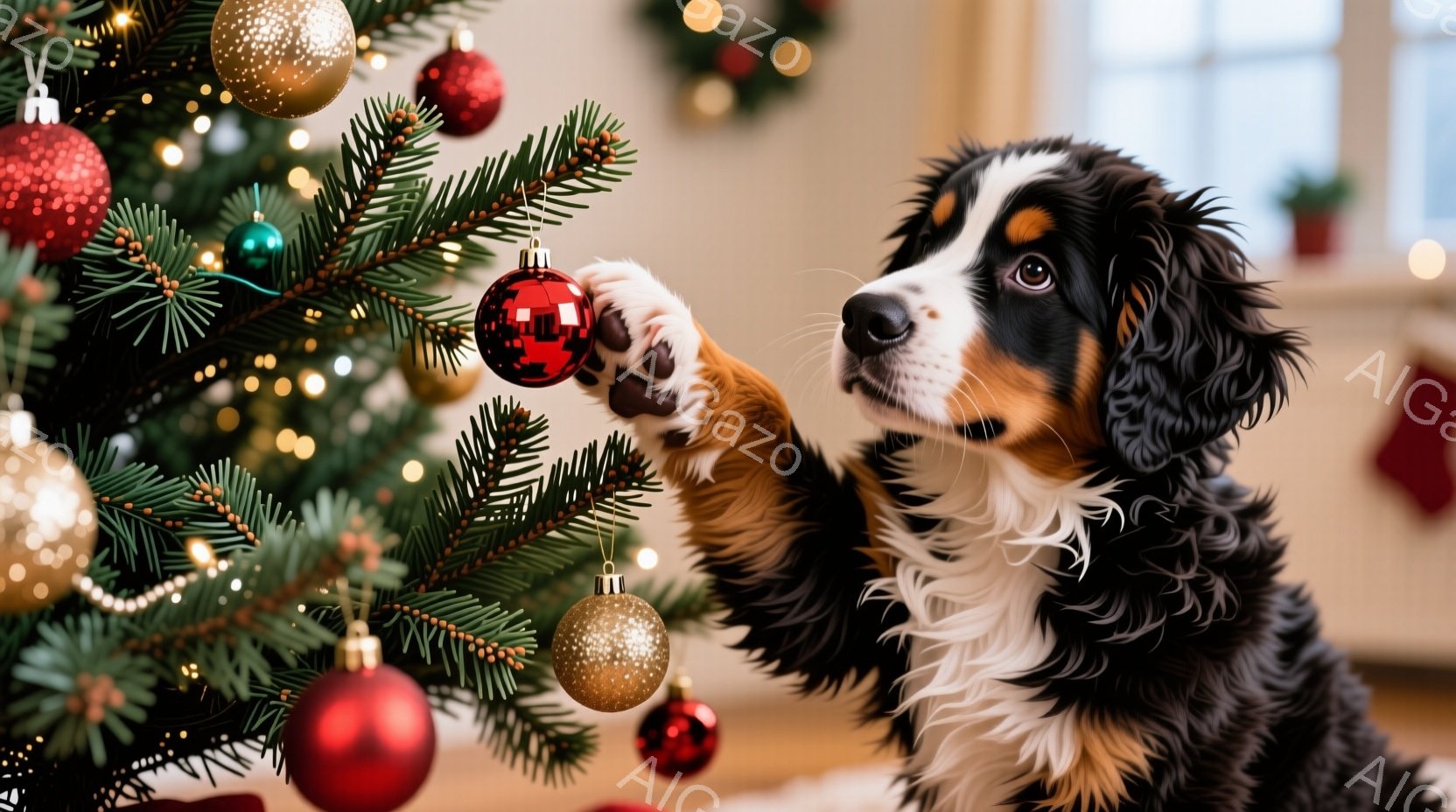 クリスマスツリーの枝に、茶色と黒の毛並みが美しい子犬が前足を伸ばして赤いオーナメントに触れようとしています。背景には他のオーナメントやクリスマスソックスが見え、室内は温かい光に包まれています。全体的に - AI生成フリー素材