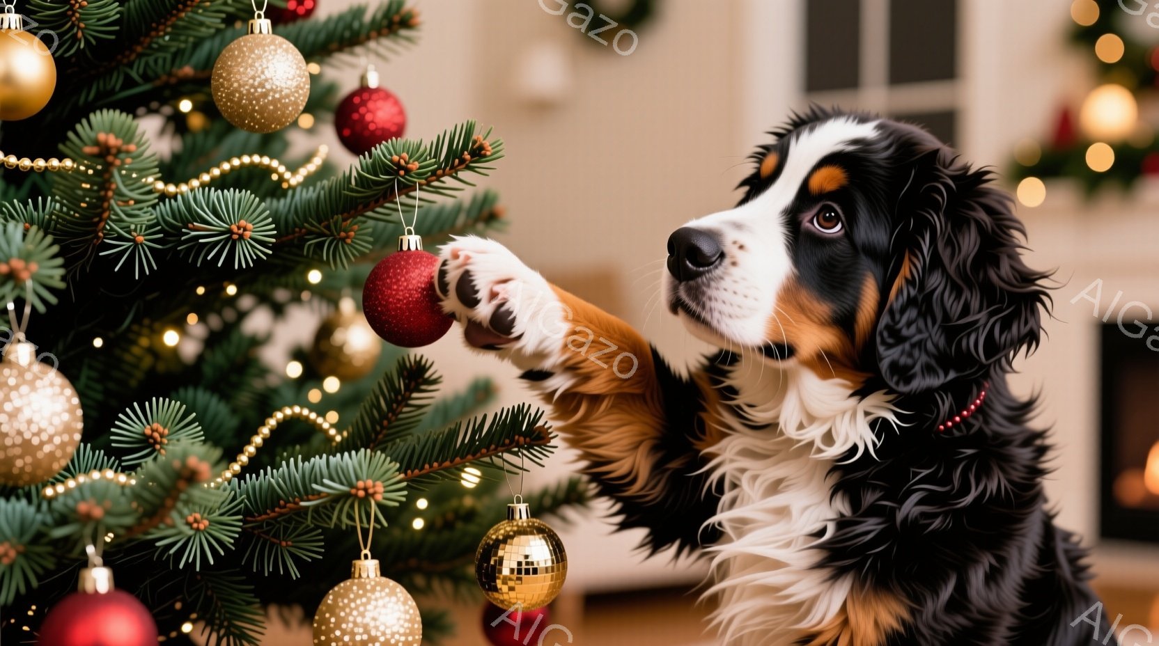 クリスマスツリーの前にいる、美しいトライカラーのバーニーズ・マウンテン・ドッグが描かれています。犬は前足で赤いオーナメントに触れようとしており、好奇心と遊び心に満ちた表情をしています。背景にはぼんやりとクリスマスデコレーションが見え、温かく幸せなホリデシーズンを予感させる雰囲気です。