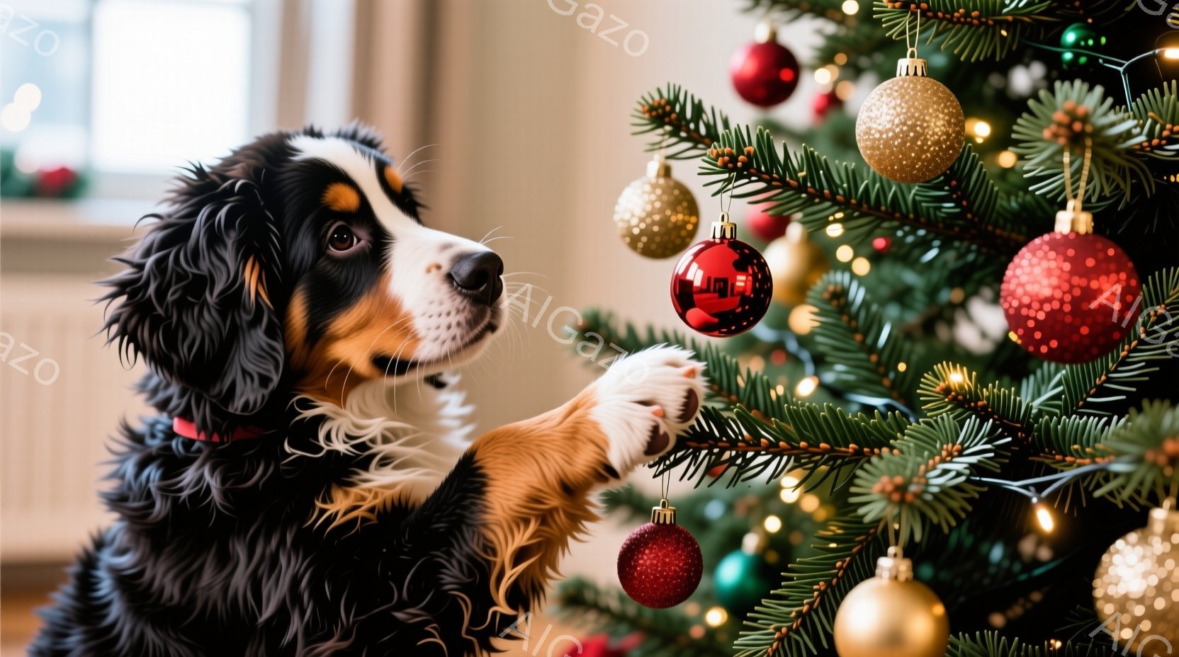 黒と白の毛並みを持つバーニーズ・マウンテン・ドッグが、クリスマスツリーに興味津々で前足を伸ばして赤いオーナメントに触れようとしています。背景には、ぼんやりとした室内と、点灯したクリスマスツリーの暖かな光が広がっており、穏やかで可愛らしい雰囲気を醸し出しています。ツリーには赤、金、緑のオーナメントが飾られ、ホリデーシーズンの温かさを感じさせます。