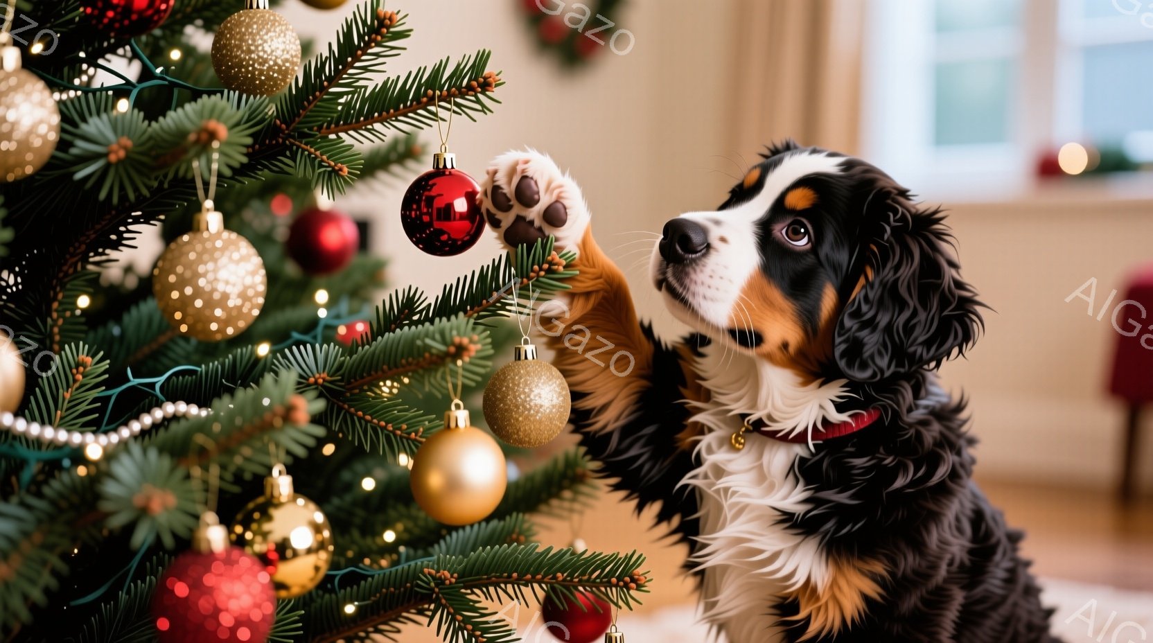 クリスマスツリーに黒と白、茶色の毛並みの犬が前足を伸ばし、オーナメントに触れようとしています。犬は赤い首輪をつけており、上目遣いで楽しそうな表情をしています。背景にはぼんやりと室内の一部が見え、暖かくお祝いの雰囲気が漂っています。