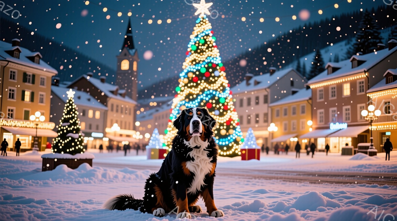 広場には雪が降り積もり、中央に座っているのは美しいベルン山犬です。背景には、クリスマスツリーが輝き、周囲の建物は温かい光で飾られ、冬の祝祭の雰囲気を醸し出しています。雪景色と装飾が相まって、静かで穏や - AI生成フリー素材
