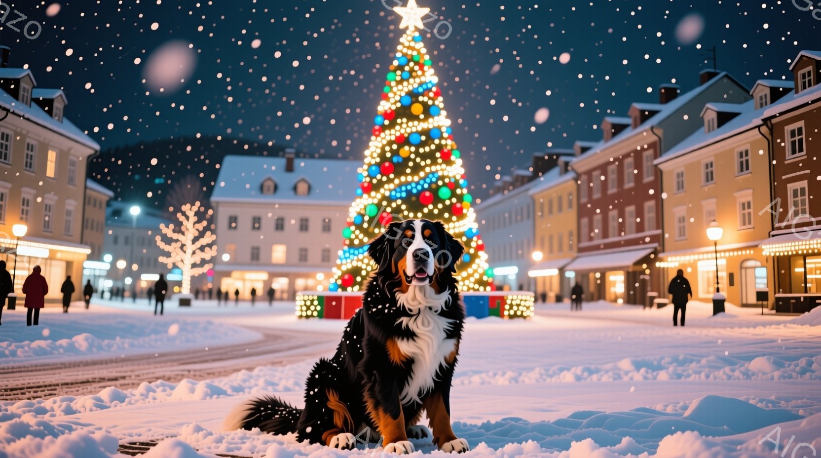 雪が舞う夜の街並みを背景に、ベルン山犬が雪の上に座っている。犬は黒と白の毛並みを持ち、穏やかな表情で正面を見つめている。背景にはクリスマスツリーが輝き、周囲の建物は温かい光で照らされ、冬の夜の静かで平和な雰囲気を醸し出している。