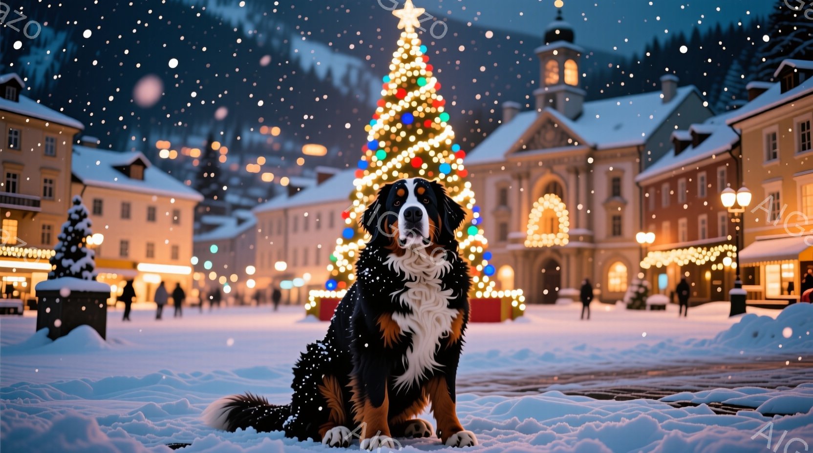 雪が舞う広場に、大きなバーニーズ・マウンテン・ドッグが座っています。背景にはクリスマスツリーが輝き、周囲の建物はイルミネーションで飾られ、冬の暖かな雰囲気を醸し出しています。犬は穏やかな表情で、雪景色 - AI生成フリー素材