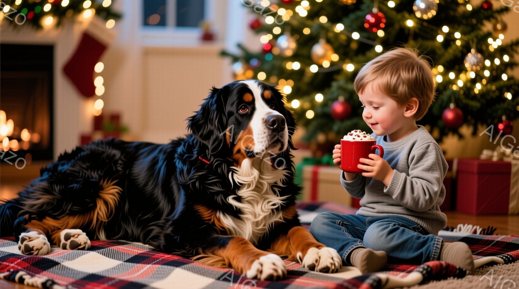 赤毛の幼い男の子が赤いマグカップを手に座り、大きなベルネーゼ・マウンテン・ドッグが横たわっています。男の子は灰色のセーターと青いズボンを着用し、満足そうに飲み物を見つめています。背景にはクリスマスツリーやプレゼントボックスが飾られ、暖かく心地よい祝日の雰囲気が漂っています。