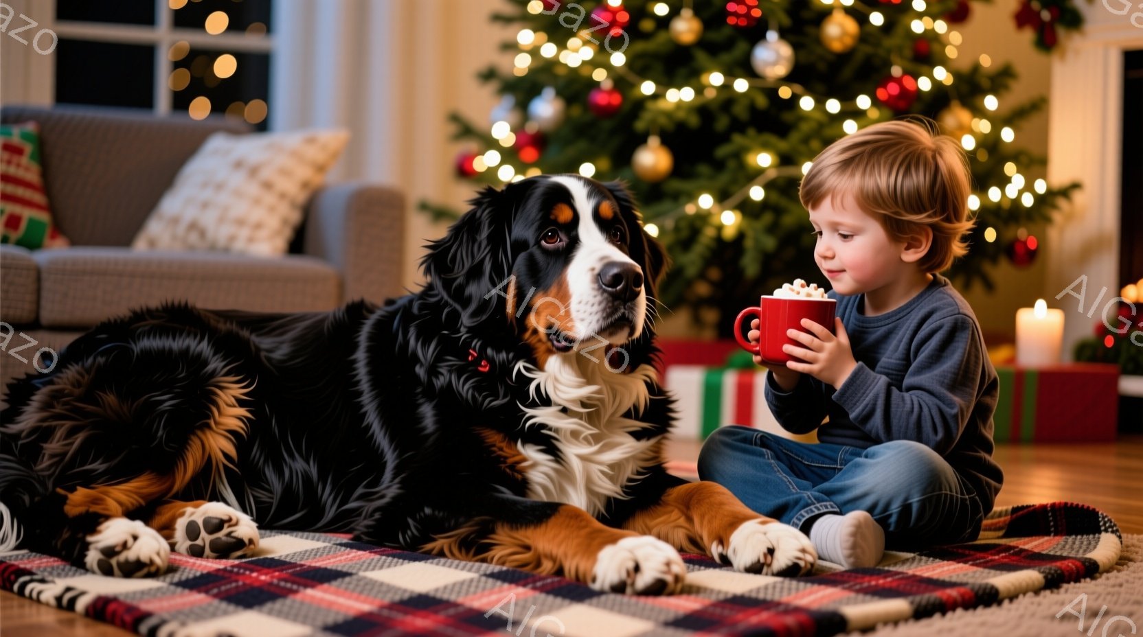 暖炉のそばで、小さな少年が赤いマグカップを手に座り、大きなバーニーズマウンテン犬が横たわっています。少年は青いセーターを着ており、金髪で、微笑んでいます。背景にはクリスマスツリーが飾られており、暖かく - AI生成フリー素材