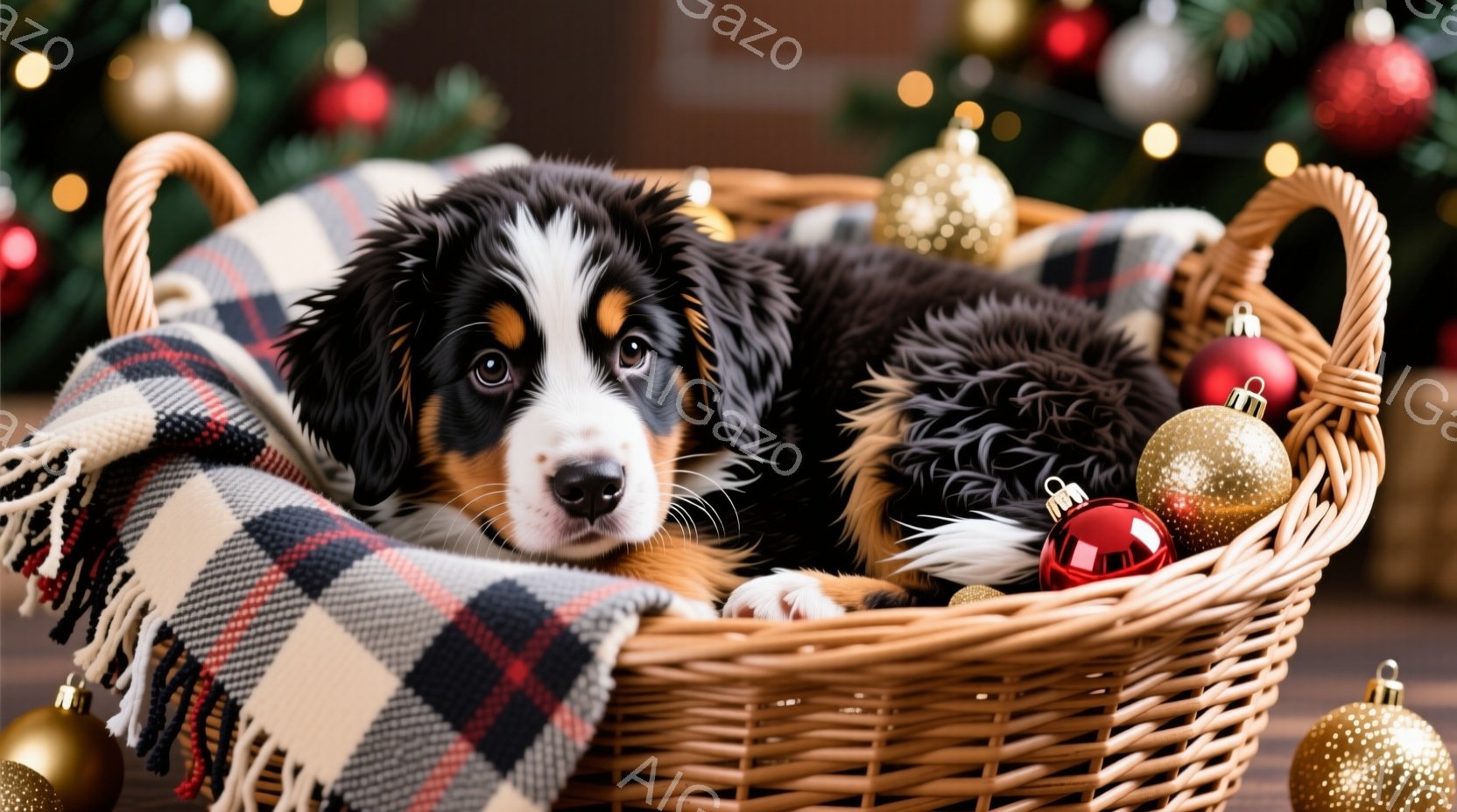 バスケットの中に、毛並みの美しいベルニース・マウンテン・ドッグの子犬が、チェック柄のブランケットに寄りかかって眠っている様子が描かれています。子犬はリラックスした表情で、周囲にはクリスマスオーナメントが散りばめられ、温かく穏やかな雰囲気を醸し出しています。背景には緑のクリスマスツリーがぼんやりと見え、クリスマスの季節感を強調しています。
