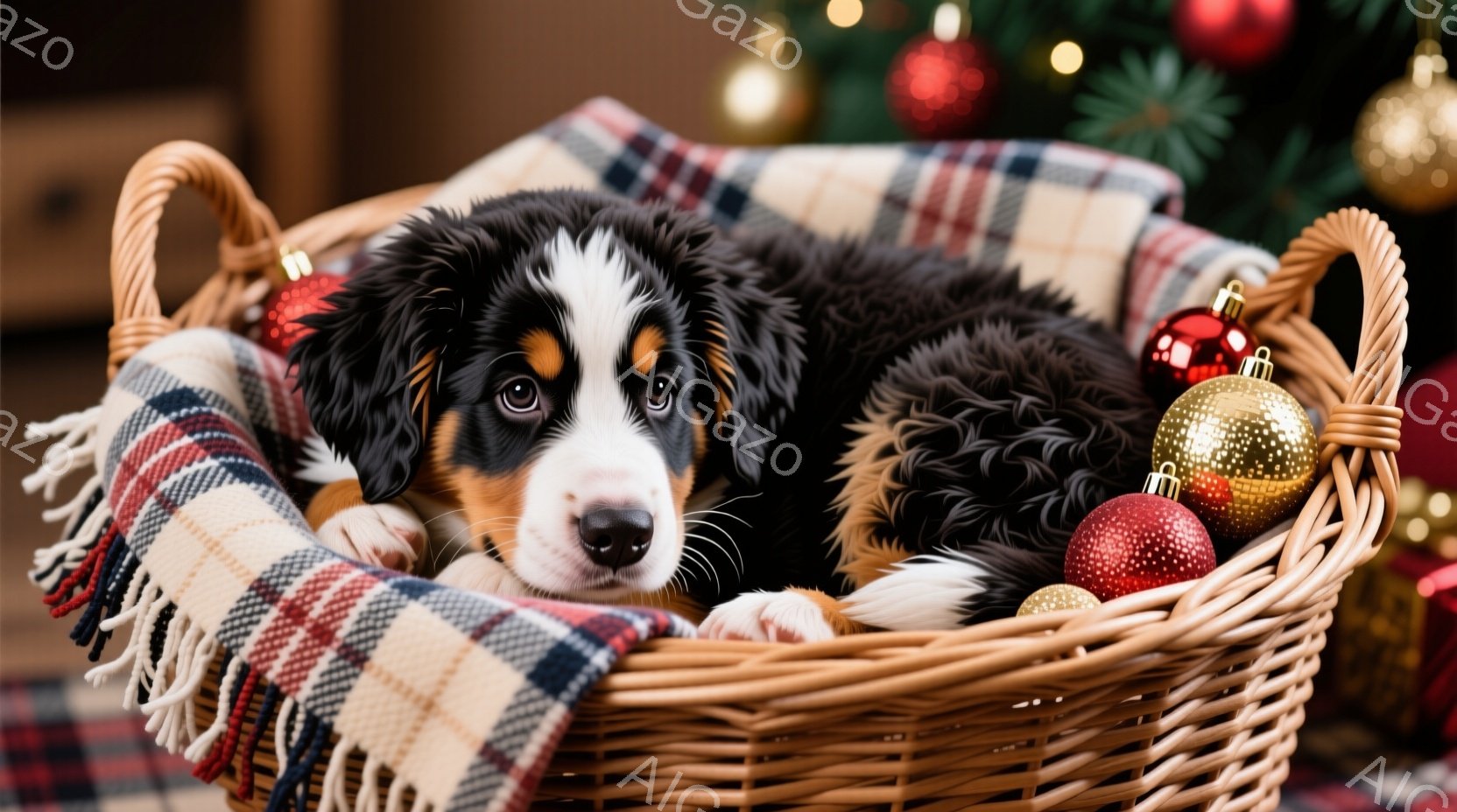 籐で編まれたバスケットの中に、ふわふわの毛並みを持つ、茶色、黒、白の毛色の可愛らしい子犬が丸まって眠っています。バスケットの中には、チェック柄の暖かいブランケットが敷かれており、周囲にはクリスマスツリーのぼんやりとした光と、赤や金色のクリスマスオーナメントが散りばめられています。全体的に、暖かく、穏やかで、クリスマスの雰囲気を漂わせる、可愛らしい光景です。
