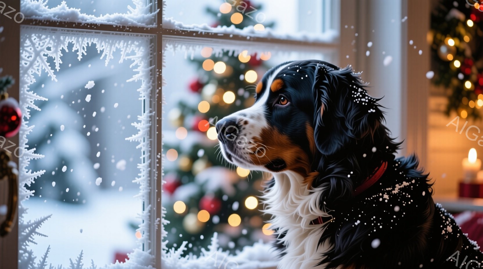 雪が降る窓辺で、ベルニース・マウンテン・ドッグが外を眺めている。毛並みには雪が積もり、赤い首輪が印象的で、どこか物憂げな表情をしている。背景にはぼやけたクリスマスツリーの明かりが見え、暖かく穏やかな冬 - AI生成フリー素材