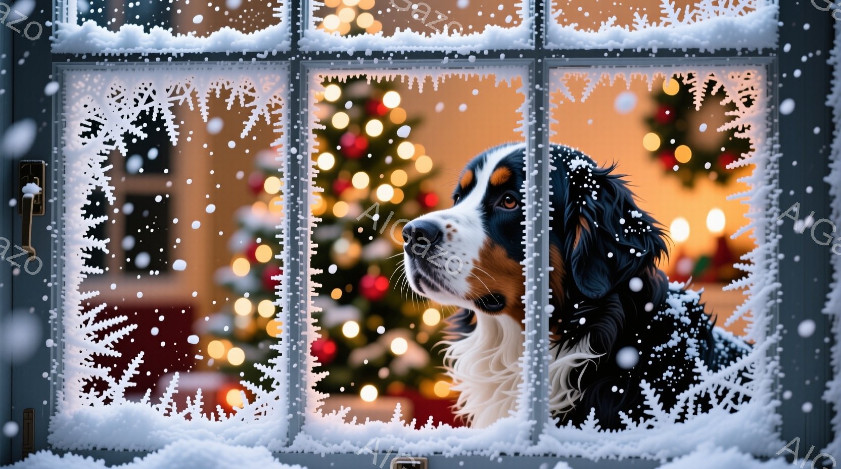 雪の降る窓辺に、美しい模様が描かれ、その向こうにクリスマスツリーがぼんやりと光っている。窓のそばには、黒と白の毛並みが特徴的な犬が顔を覗かせ、穏やかな表情でこちらを見つめている。暖色系の光と雪のコント - AI生成フリー素材