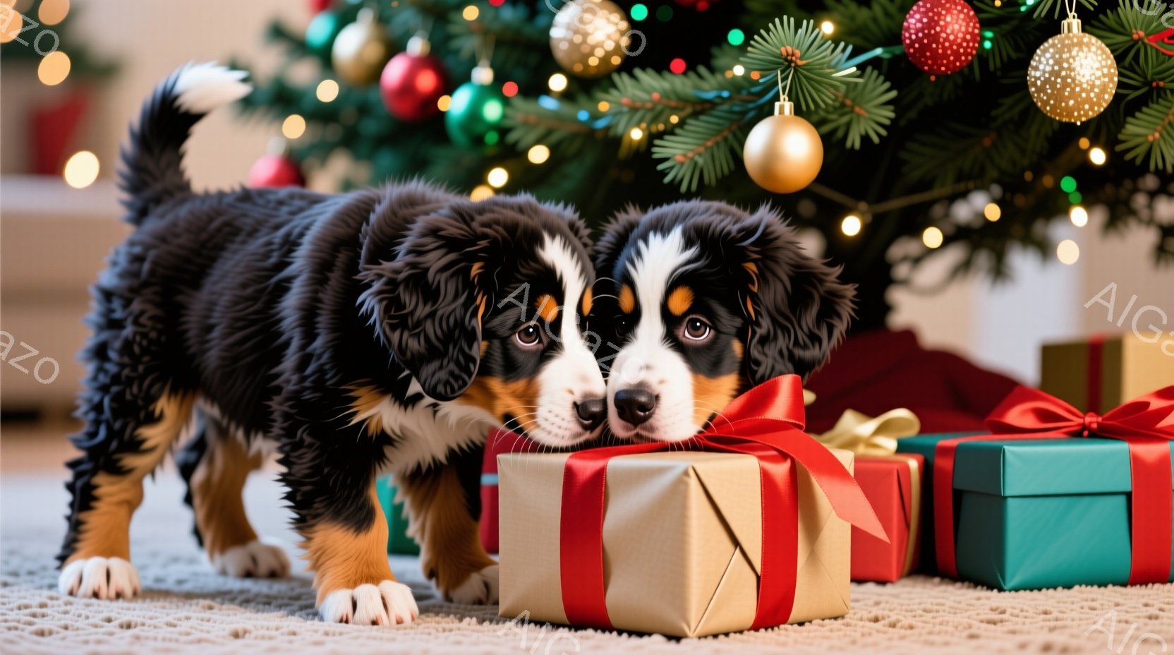 暖炉のそばで、ギフトボックスに囲まれた可愛らしいバーニーズマウンテン犬の子犬たちが写っています。一匹はギフトボックスの前に忍び寄り、もう一匹は少し後ろに位置し、興味津々でこちらを見ています。背景にはクリスマスツリーが飾られ、暖かくお祝いムードにあふれた雰囲気です。