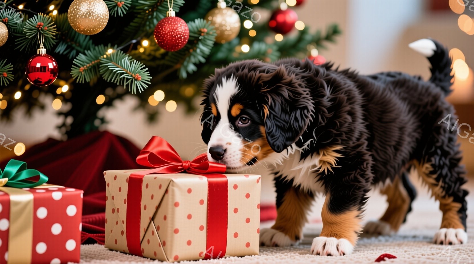 クリスマスツリーの足元に、プレゼントが置かれた柔らかい光景が広がっています。子犬は鼻をプレゼントの赤いリボンに近づけ、興味津々で匂いを嗅いでいます。背景にはぼやけたクリスマスツリーと、散らばった紙吹雪 - AI生成フリー素材