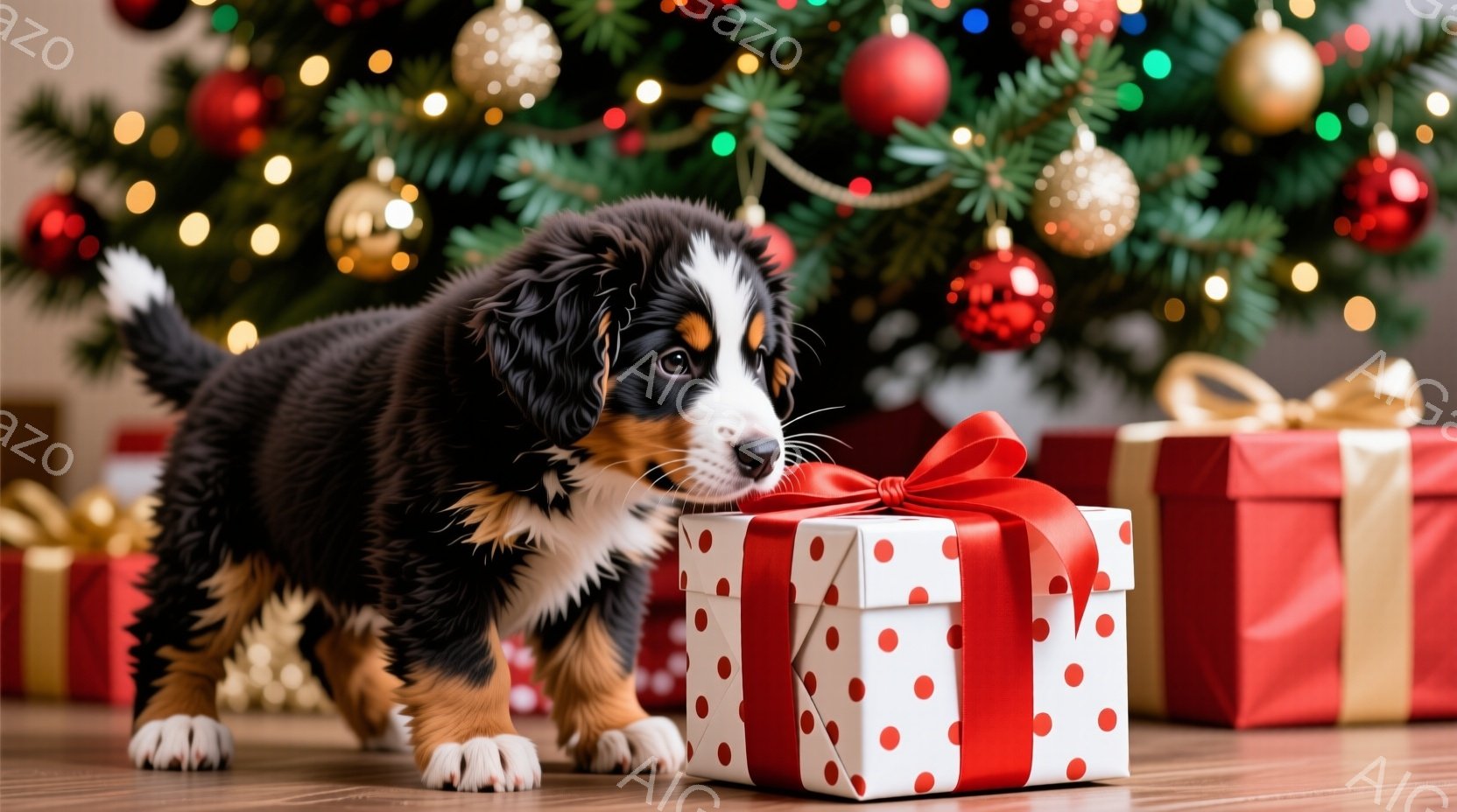 元気なバーニーズ・マウンテン・ドッグの子犬が、赤い水玉模様のリボンのかかったプレゼントボックスの前にかがみこんでいます。背景には、輝くオーナメントで飾られたクリスマスツリーがぼやけて写っており、お祝い - AI生成フリー素材