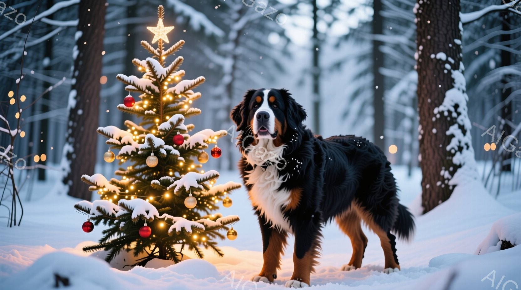 雪景色の中に、飾り付けられたクリスマスツリーと、大きなバーニーズ・マウンテン・ドッグが立っている。犬は真っ白の雪の上に堂々と立ち、カメラに向かってわずかに口を開けて穏やかな表情を浮かべている。背景には雪で覆われた木々がぼんやりと見え、全体的に温かく穏やかな冬の雰囲気が漂っている。