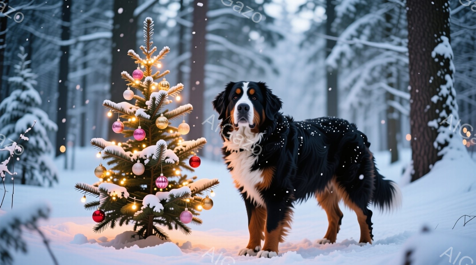 雪が舞う森の中で、クリスマスツリーの前にベルン山犬が立っている。犬は黒と白の毛並みで、穏やかな表情をしており、雪化粧した木々の間から暖かな光が差し込んでいる。 全体的に、穏やかで温かい冬の情景が表現されている。