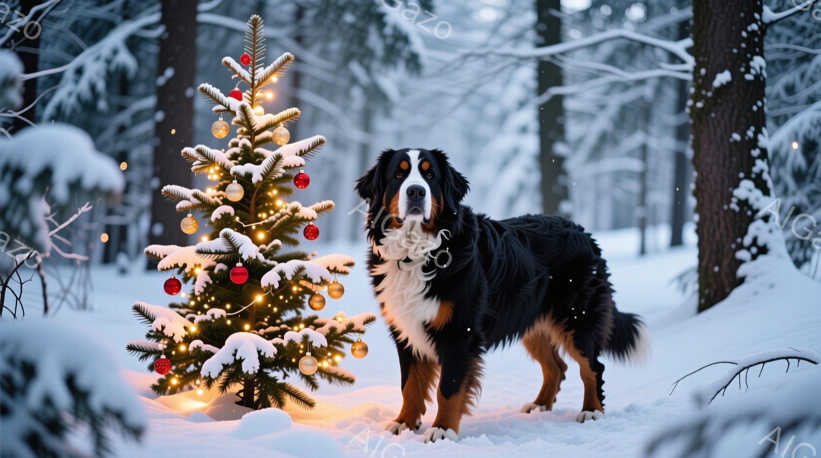 雪景色の中に、飾り付けられたクリスマスツリーと、大きなバーニーズ・マウンテン・ドッグが立っている。犬は真っ白な雪の上に堂々と立ち、毛並みは黒と白と茶色が混ざり合い、雪の結晶がわずかに付いている。背景には木々がぼんやりと見え、穏やかで冬の温かい雰囲気が漂っている。