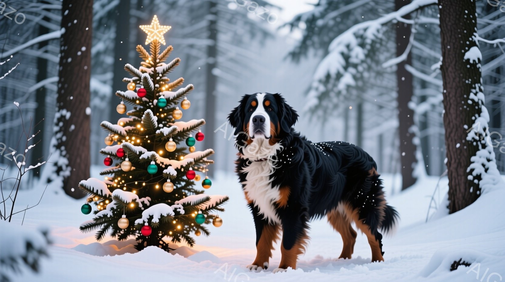 白い雪景色の中に、クリスマスツリーとバーニーズマウンテン犬が立っている。ツリーは色とりどりのオーナメントで飾られ、頂上には星が輝いている。犬は赤い首輪をつけ、自信に満ちた表情でまっすぐに立っており、冬の静寂の中に暖かさと希望を感じさせる。