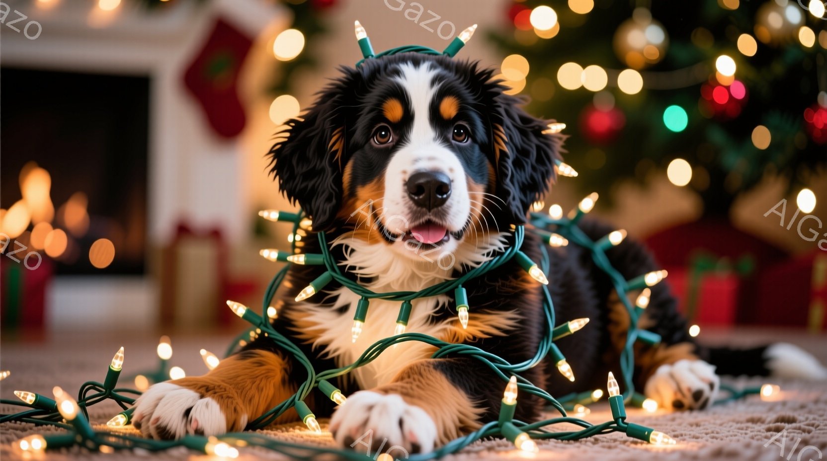 暖炉とプレゼントボックスがある室内で、トリコロールカラーのバーニーズ・マウンテン・ドッグがクリスマスライトにくるまれて横たわっています。犬は口を開けて舌を出し、リラックスした表情でカメラを見つめています。背景はぼやけていますが、クリスマスツリーの光が暖かく、楽しい雰囲気を醸し出しています。