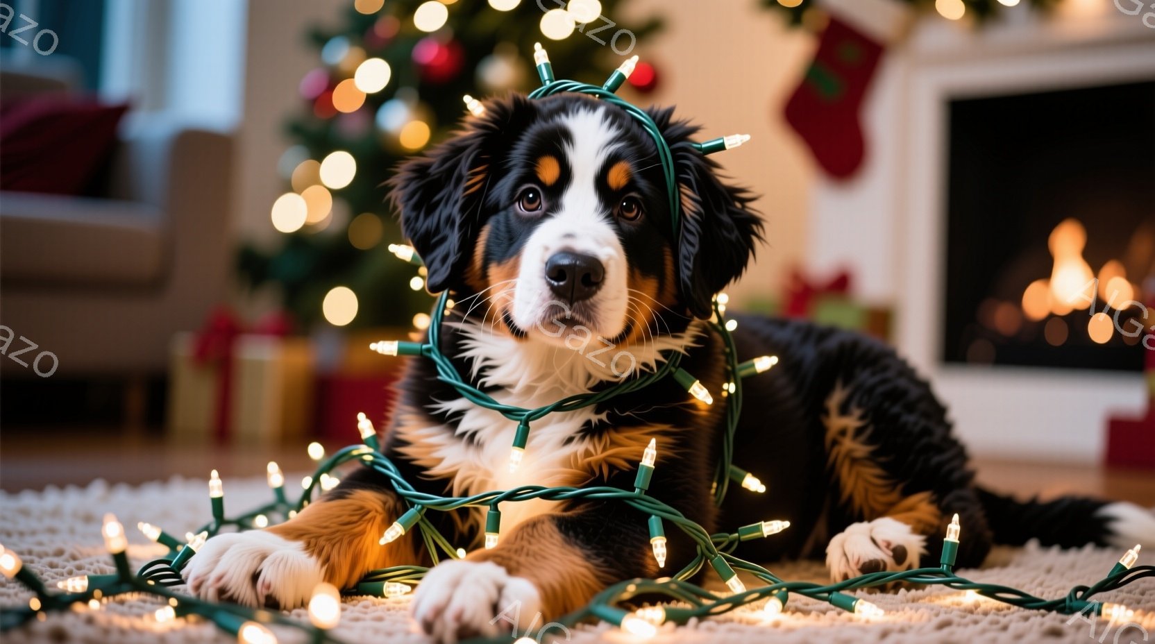 バーニーズ・マウンテン・ドッグがカーペットの上に横たわり、クリスマスツリーのイルミネーションライトに身を包んでいます。犬は前足を伸ばし、穏やかな表情でカメラを見ており、背景にはクリスマスツリーと暖炉が見えます。全体的に、暖かく、お祝いムードに満ちた、幸せな冬の雰囲気が漂っています。
