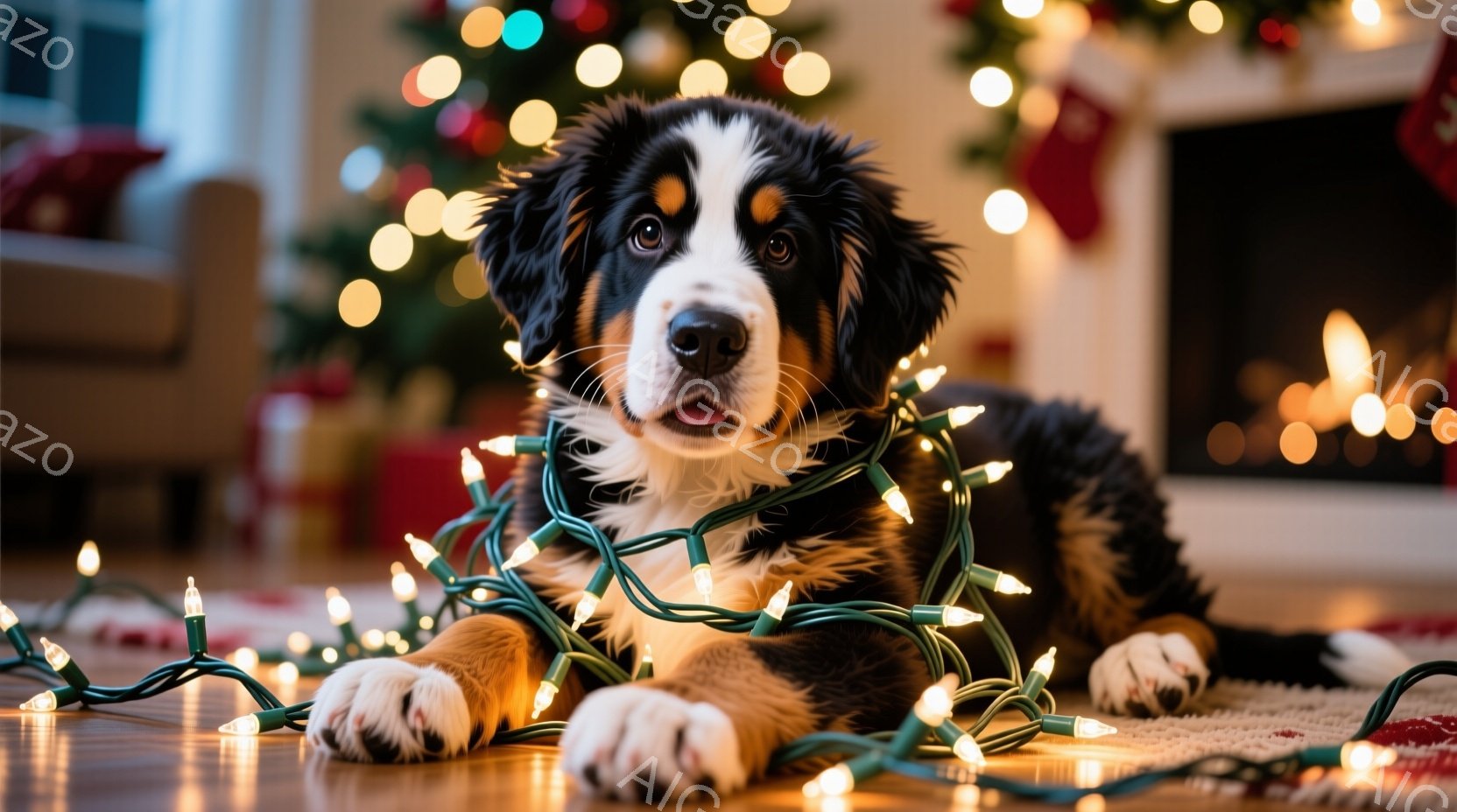 大きな犬がクリスマスツリーのイルミネーションに囲まれて床に横たわっています。その犬は茶色、黒、白の毛並みで、リラックスした表情で前を見つめています。背景にはぼやけたクリスマスツリーと暖炉があり、温かく - AI生成フリー素材