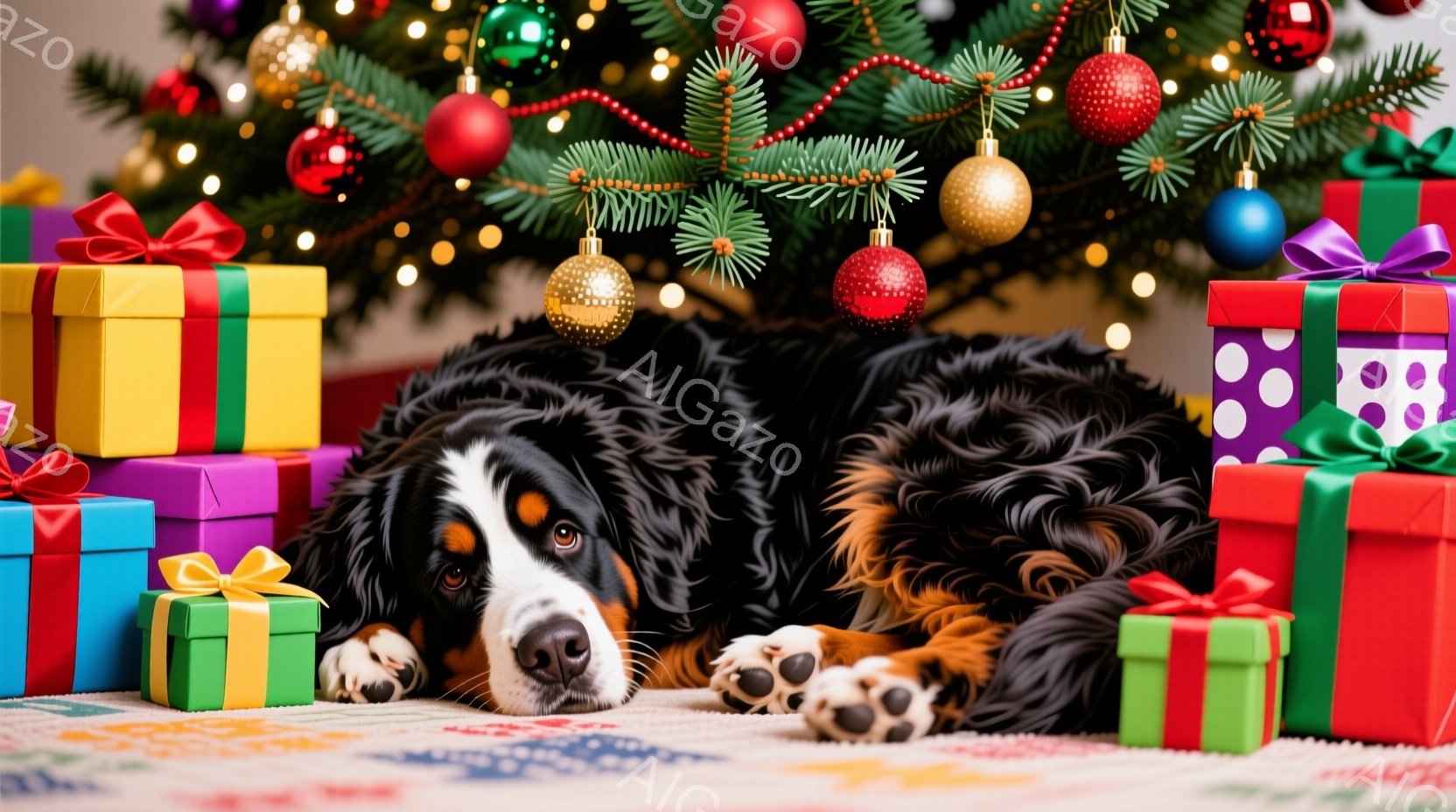 大きなバーニーズ・マウンテン・ドッグが、クリスマスツリーの足元に置かれたプレゼントの山の中に横たわっています。犬は穏やかな表情で、暗い毛並みと白い足が印象的です。背景には、赤や金色のオーナメントで飾ら - AI生成フリー素材