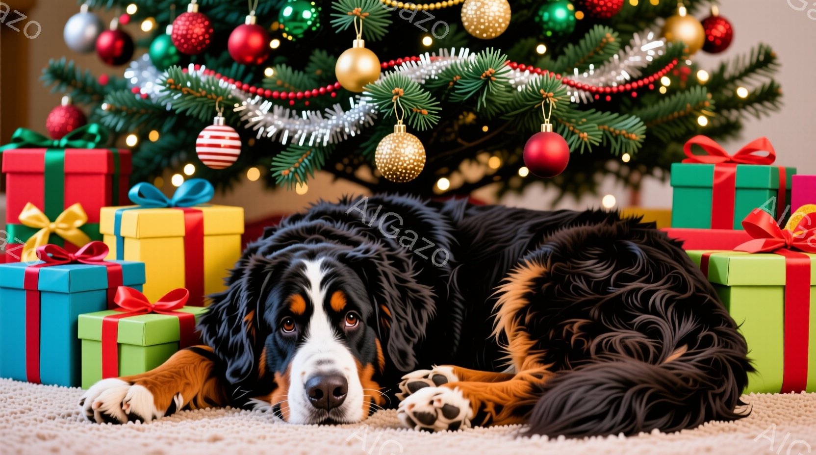 巨大なバーニーズ・マウンテン・ドッグが、クリスマスツリーの下に置かれた色とりどりのプレゼントの山に囲まれて横たわっています。犬はリラックスした表情で、まるでプレゼントを守っているかのように見え、背景に - AI生成フリー素材