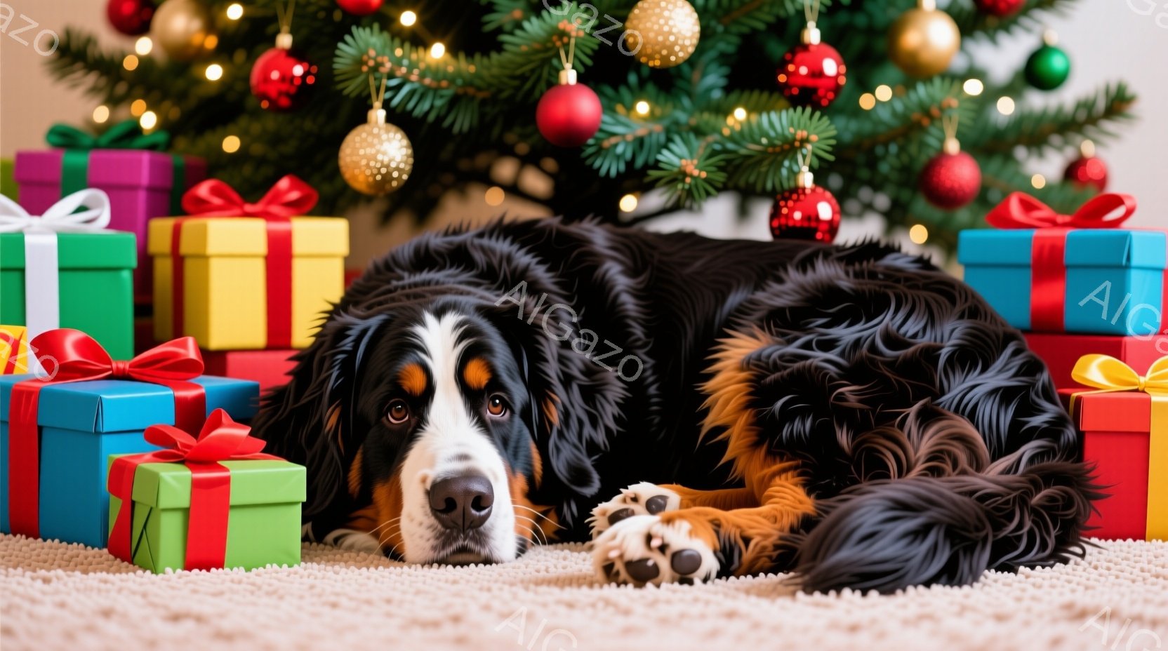 長毛のバーニーズ・マウンテン・ドッグが、ベージュ色のカーペットの上に横たわり、大きな足パッドを前に出してこちらを見つめています。背景には、クリスマスツリーが飾られ、赤、青、緑、黄色のリボンで結ばれたプレゼントの山が置かれています。全体的に暖かく、お祝いのムードを漂わせる、クリスマスの雰囲気の画像です。
