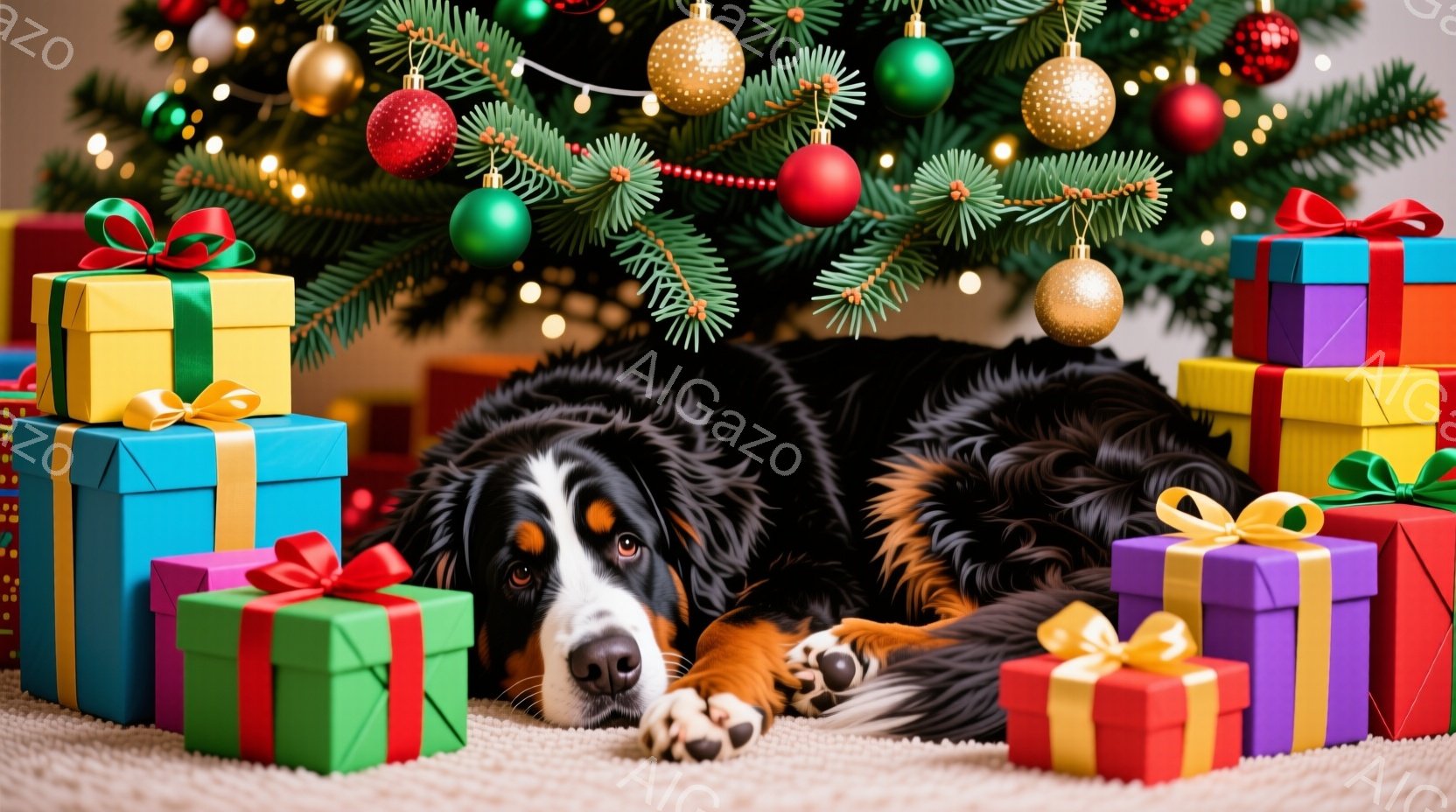 豪華なクリスマスツリーの下に、毛並みの美しいセント・バーナード犬が横たわっています。犬はリラックスした表情で、プレゼントの山に囲まれています。背景には、赤や緑のオーナメントで飾られたクリスマスツリーが - AI生成フリー素材
