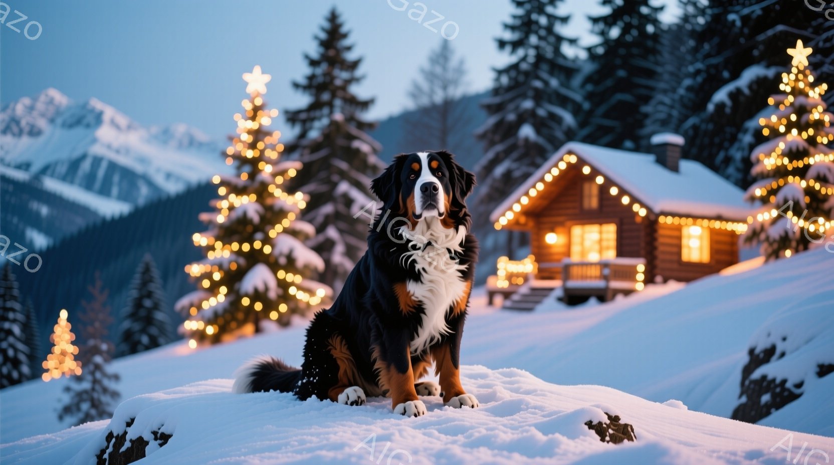 白い雪の上に座っている、黒と白の美しいベルン山犬が写っています。背景には、クリスマスライトで飾られた木々と、暖かく光るキャビンがあり、雪景色の中に温かい雰囲気が漂っています。犬は前方をまっすぐ見つめ、堂々とした姿勢で、冬のワンダーランドの中心にいるようです。