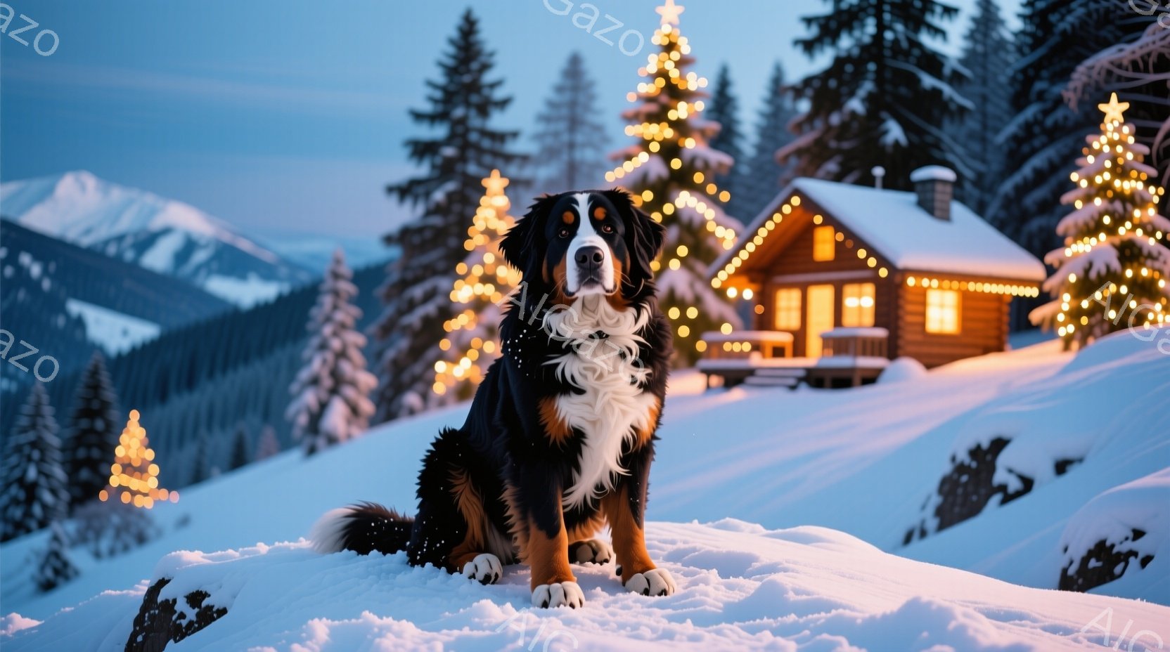 雪景色の中に、美しい模様のバーニーズ・マウンテン・ドッグが座っています。背景には、クリスマスツリーのようにライトで飾られた針葉樹と、暖かく光る木造の家が見え、冬の温かい雰囲気を醸し出しています。雪原に座る犬は、穏やかな表情でこちらを見ており、心安らぐ光景です。