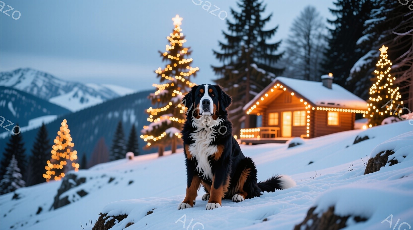 雪景色の中に、白黒模様の大型犬が座っています。背景にはクリスマスツリーのように飾り付けられた木々と、暖かく光るログハウスが見え、冬の温かい雰囲気を醸し出しています。雪が降り積もった丘の上で、犬は前方を - AI生成フリー素材