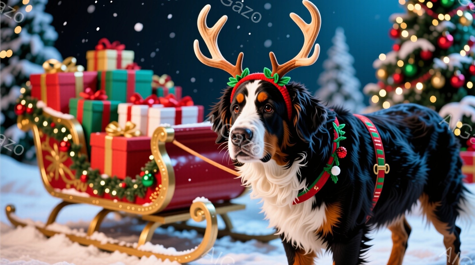 大柄なバーニーズ・マウンテン・ドッグが、赤いトナカイの角のヘッドバンドを付けて正面を見つめています。背景には、プレゼントの山を積んだ赤いそりと、クリスマスツリーが飾られた雪景色が広がっており、暖かく幻想的な雰囲気を醸し出しています。犬は赤いハーネスを身につけ、どこか誇らしげで、クリスマスの喜びを表現しているようです。