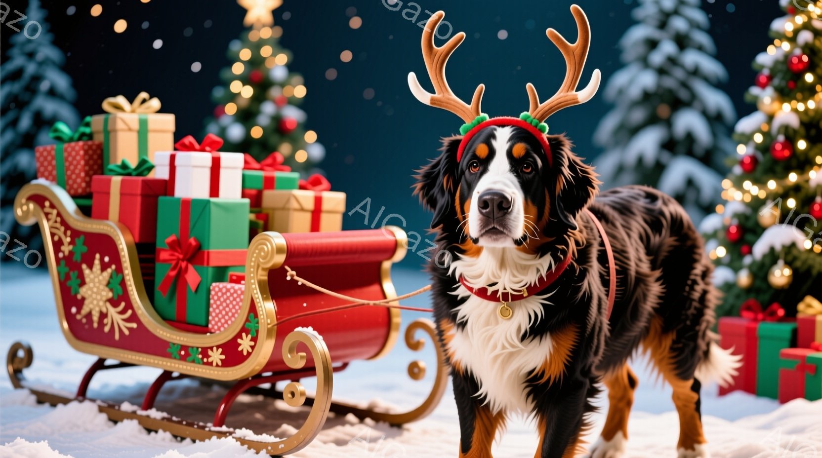 大きなバーニーズマウンテン犬が、赤いそりに引かれて雪の上に立っている。犬は、クリスマスらしい角の飾りと赤い首輪をつけており、表情は穏やかで優しい。背景には、プレゼントの箱が積み上げられ、クリスマスの飾 - AI生成フリー素材