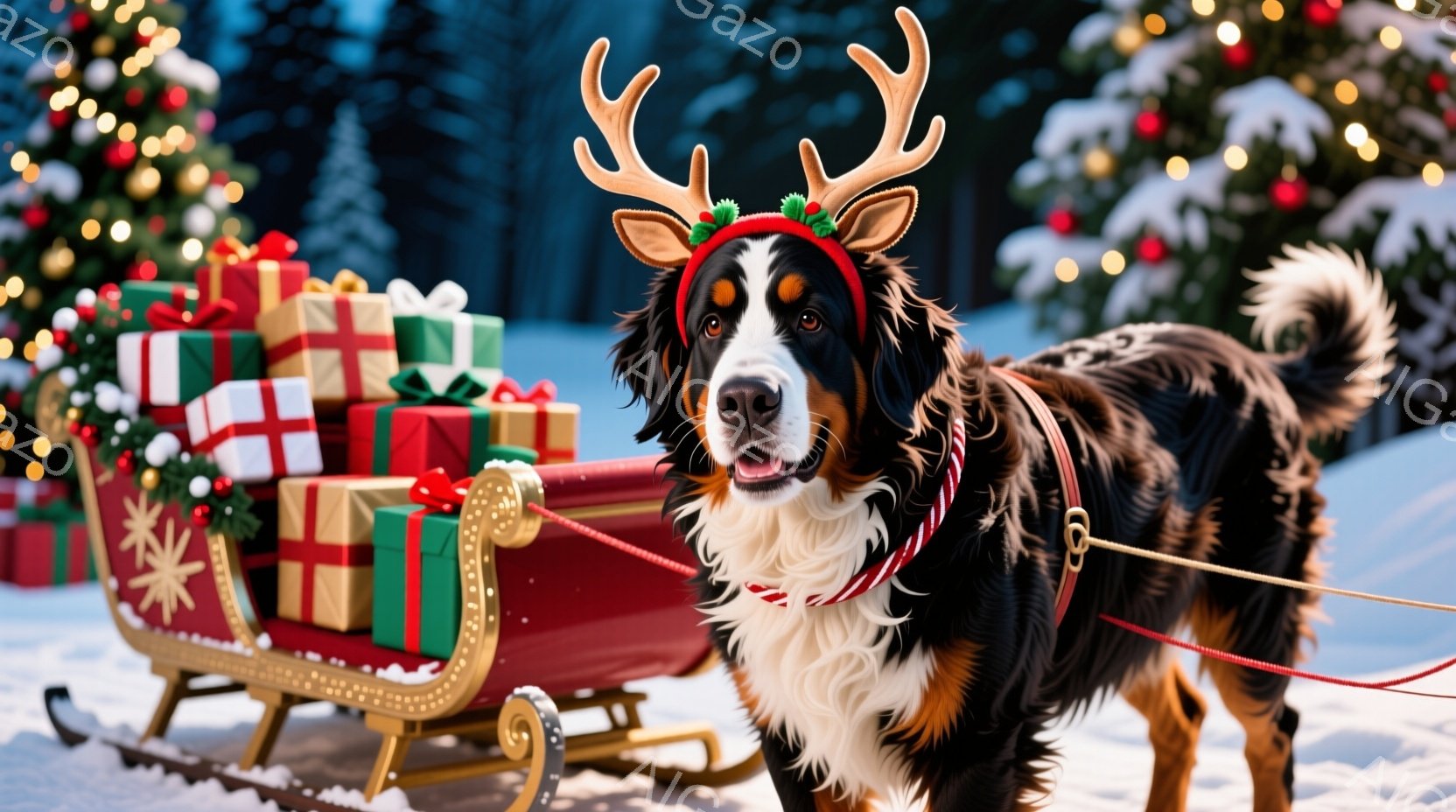 バーニーズ・マウンテン・ドッグが、頭にトナカイの角のついたヘッドバンドをつけて、雪の上でそりを引いています。犬は舌を出し、楽しそうな表情でまっすぐカメラを見ており、赤い縞模様の首輪をつけています。背景には、プレゼントの山を積んだ金色のそりと、ぼやけたクリスマスツリーの光が見え、雪が降る冬の暖かい雰囲気を醸し出しています。