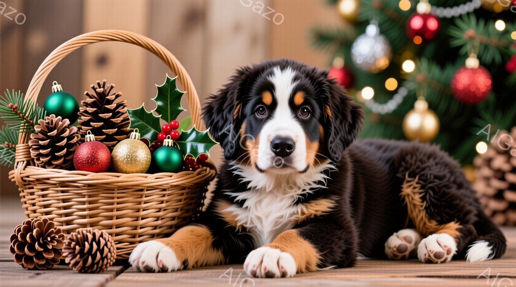 鮮やかなクリスマスデコレーションに囲まれた、可愛らしいバーニーズ・マウンテン・ドッグの子犬が描かれています。子犬は、バスケットの中に松ぼっくりや飾りが入っており、その横でリラックスして横たわっています - AI生成フリー素材