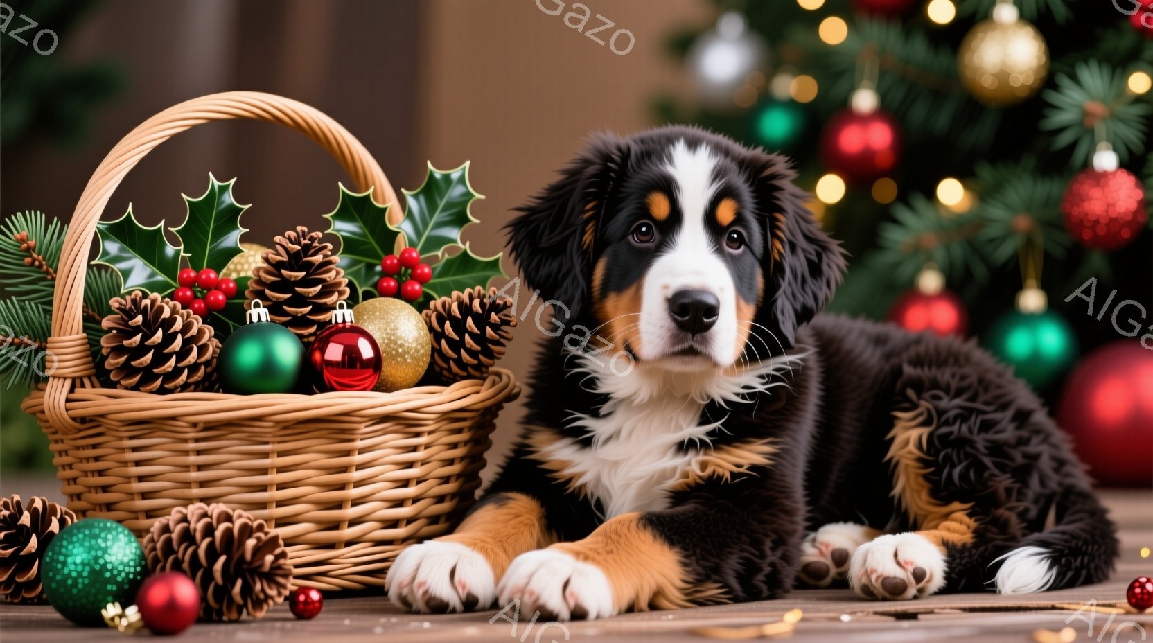 鮮やかなクリスマスツリーを背景に、子犬が籐のバスケットの横に横たわっています。毛並みの美しいトリカラーの犬は、リラックスした表情でカメラを見つめており、バスケットには松ぼっくりやオーナメントが飾られています。暖かく、お祝いムードに満ちた雰囲気で、クリスマスの喜びを感じさせます。