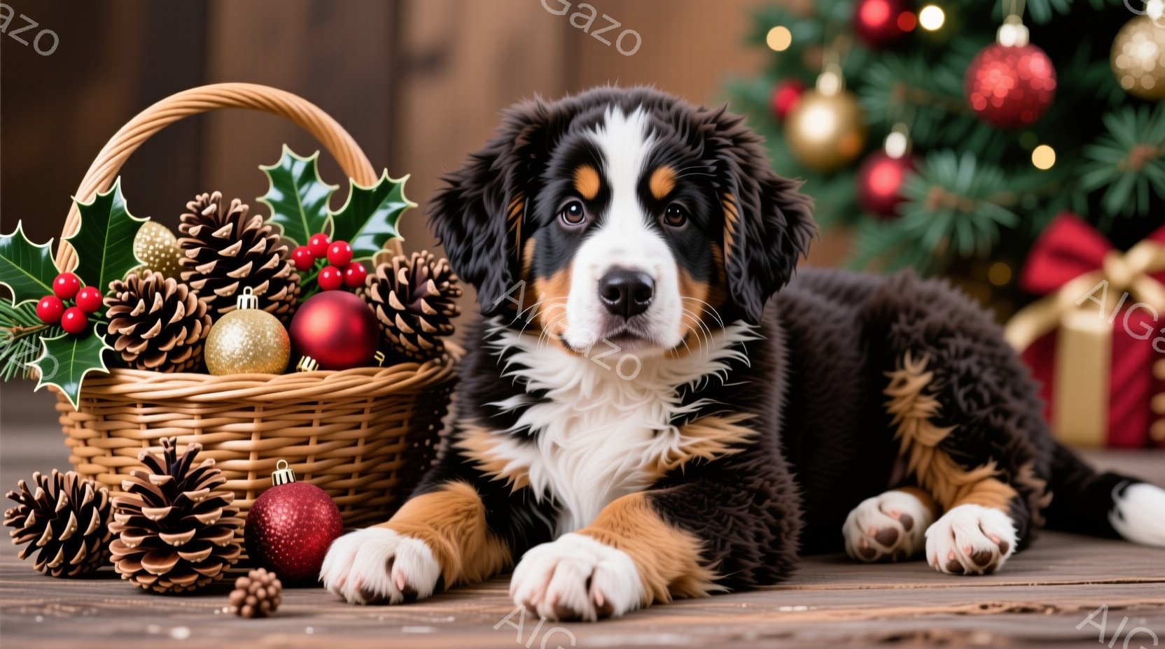 暖炉の木製の床に、可愛らしいベルニース・マウンテン・ドッグの子犬が横たわっています。子犬は白、黒、茶色の毛並みで、前足は白く、落ち着いた表情でカメラを見つめています。近くには、松ぼっくりや赤いオーナメントで飾られた籐のバスケットがあり、背景にはクリスマスツリーとプレゼントが飾られており、温かくお祝いの雰囲気です。