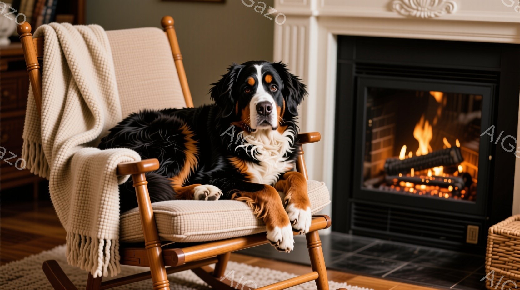 暖炉の前に置かれた揺り椅子に、ベルン山犬がゆったりと横たわっている。犬は白いあごと胸、黒と茶色の毛並みで、リラックスした表情でこちらを見ている。背景には暖炉があり、炎が燃え盛っているのが見える。