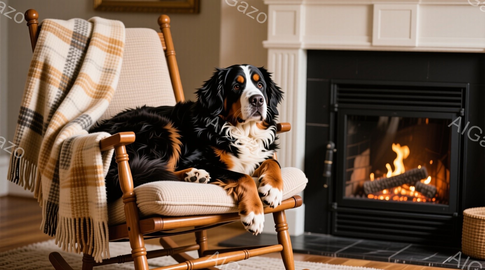 暖炉のそばにあるロッキングチェアに、毛並みの美しいバーニーズ・マウンテン・ドッグがゆったりと横たわっています。毛皮の色は黒と白と茶色が混ざり合い、表情は穏やかでリラックスしています。背景には暖炉の火が燃え盛っており、居心地の良い暖かい雰囲気を醸し出しています。