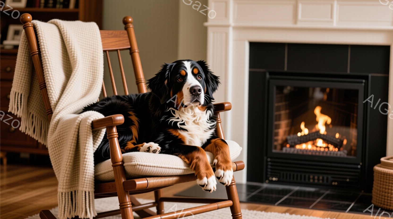 暖炉のある居間に、大きなバーニーズ・マウンテン・ドッグがロッキングチェアにゆったりと横たわっています。犬はリラックスした表情で、まるで椅子が自分のためにあるかのようにくつろいでいます。背景には暖炉の炎が暖かく光り、居間全体が穏やかで落ち着いた雰囲気に包まれています。