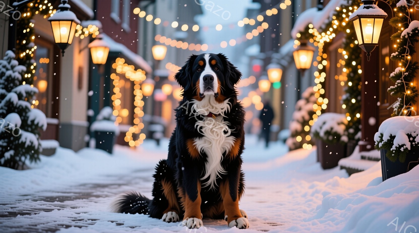 雪に覆われた石畳の道に、ベルン山犬が座っています。犬は黒、白、茶色の毛並みで、穏やかな表情を浮かべて正面を見ています。背景には、クリスマスイルミネーションで飾られた建物が並び、雪が舞い散る冬の夜の穏や - AI生成フリー素材
