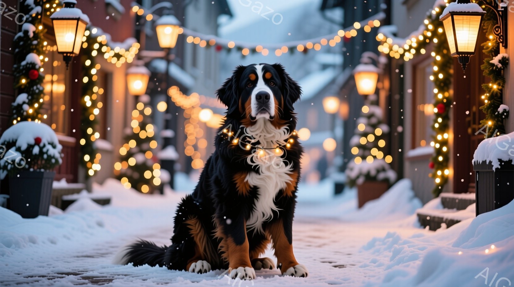 雪が降る石畳の道に、ベルン山犬が座っています。犬の首には、暖かい光を放つ電飾が巻かれており、冬の装飾が施された街並みが背景に広がっています。全体的に、温かく、お祝いの雰囲気があり、犬の穏やかな表情がその雰囲気をさらに引き立てています。