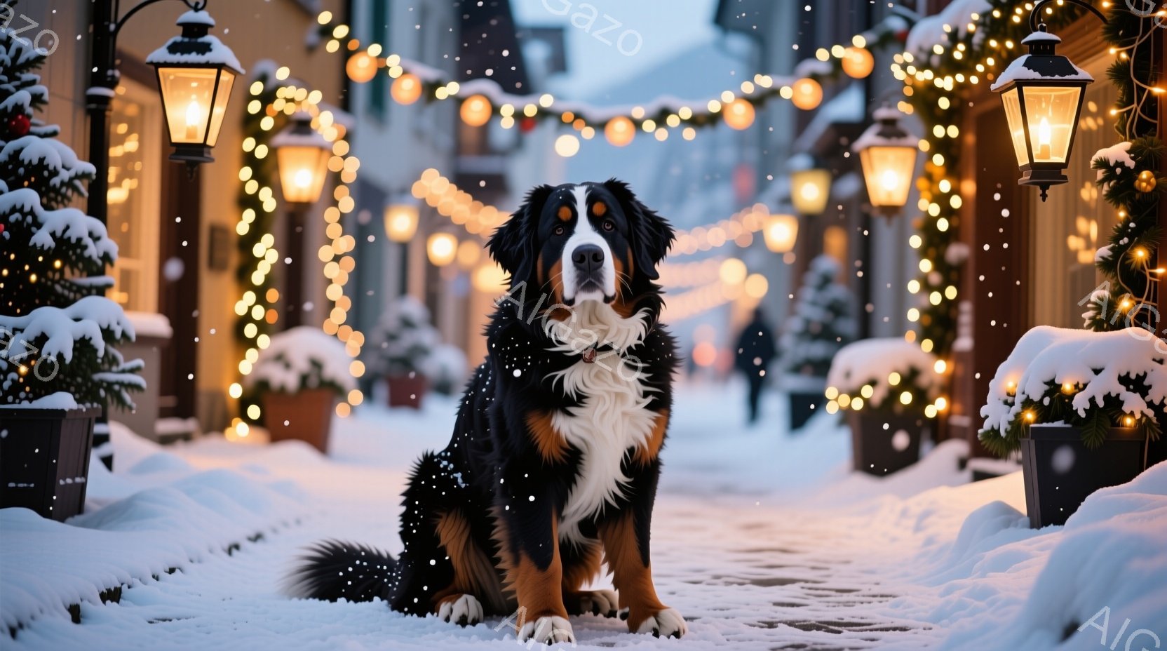 雪が降る冬の街並みを背景に、ベルン山犬が正面を向いて座っています。犬は黒と白と茶色の毛並みで、首輪をつけており、穏やかで落ち着いた表情をしています。道の両脇には雪で覆われた植木鉢と、温かい光を放つ街灯やイルミネーションが飾られ、幻想的で温かい雰囲気を醸し出しています。