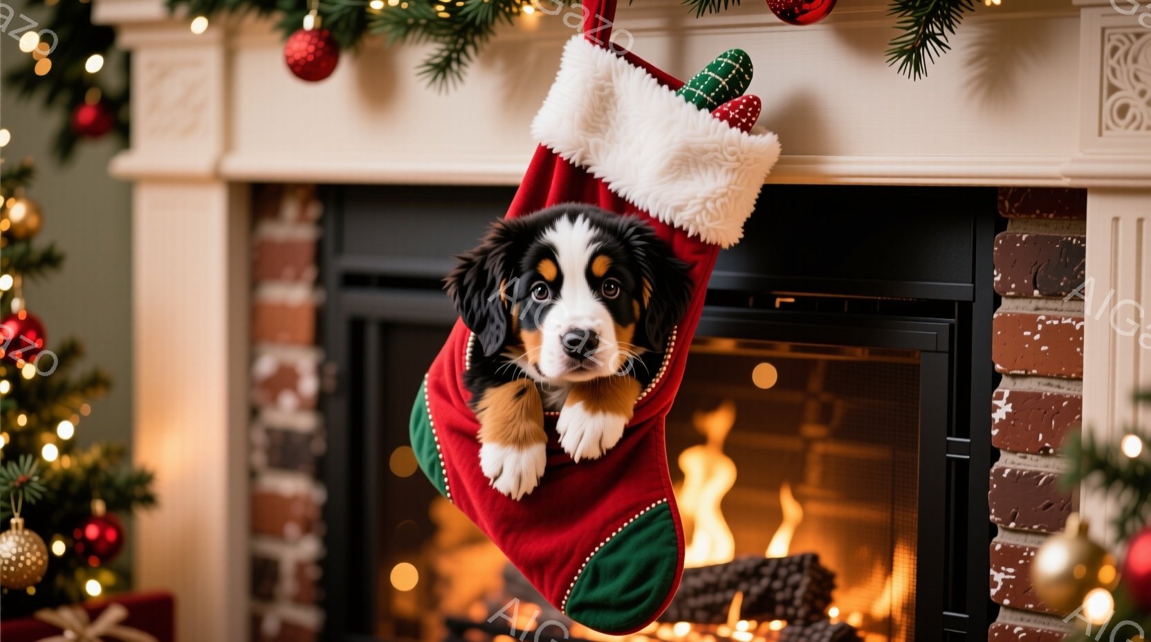 赤いクリスマスストッキングの中に、ベルネーゼ・マウンテン・ドッグの子犬が可愛らしく顔を出しています。子犬は前足をストッキングの外に出し、好奇心旺盛な表情でカメラを見つめており、周囲にはクリスマスツリー - AI生成フリー素材