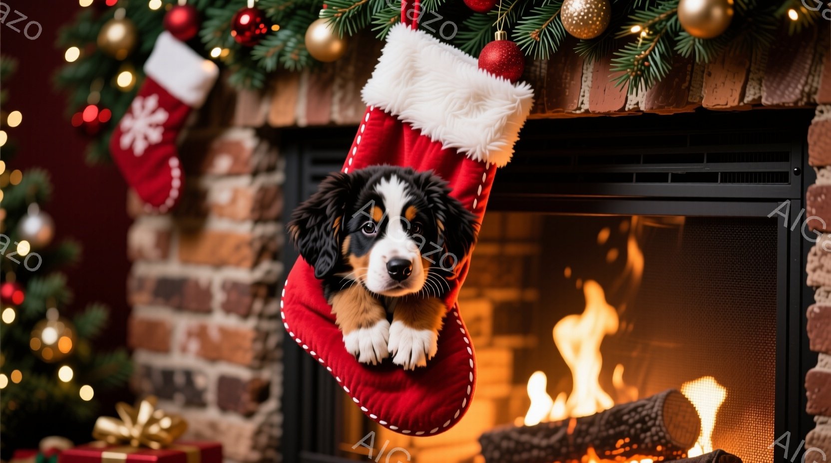 赤いクリスマスストッキングの中から、子犬が顔を出しています。子犬は黒と白の毛並みで、好奇心と少しの戸惑いが入り混じった表情をしています。背景には暖炉の炎が燃え盛っており、クリスマスツリーの飾りとストッキングが、温かく穏やかなクリスマスの雰囲気を醸し出しています。