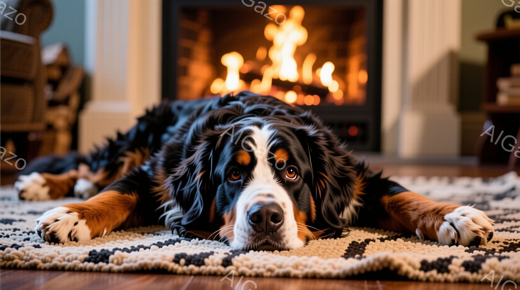 暖炉の前で横たわる大型のバーニーズ・マウンテン・ドッグが写っています。犬はリラックスした表情で、床の敷物の上に体を伸ばしています。背景には暖炉があり、炎が暖かく室内を照らしています。