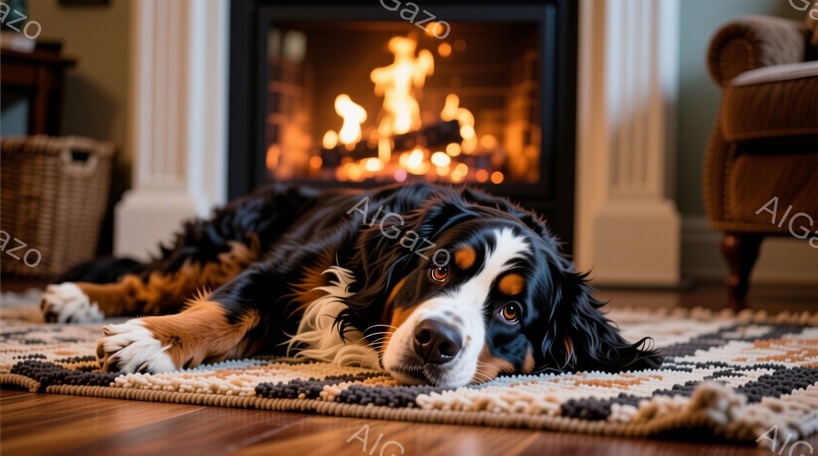 暖炉の前で、美しい模様の毛並みを持つバーニーズ・マウンテン・ドッグが床に横たわっています。その表情は穏やかで、まるでリラックスした時間を満喫しているかのようです。背景には暖炉の炎が揺らめき、部屋全体を温かく照らしています。