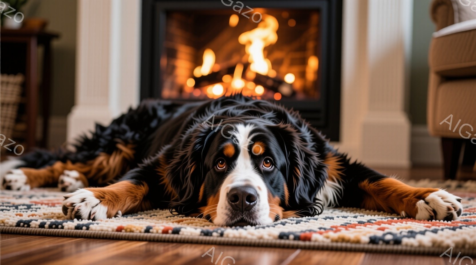 暖炉の前に敷かれたカラフルなラグの上に、大きなバーニーズ・マウンテン・ドッグが横たわっています。その表情は穏やかで、カメラの方をじっと見つめており、リラックスした様子が伝わってきます。背景には暖炉があり、炎が暖かく部屋を照らし、居心地の良い雰囲気を作り出しています。