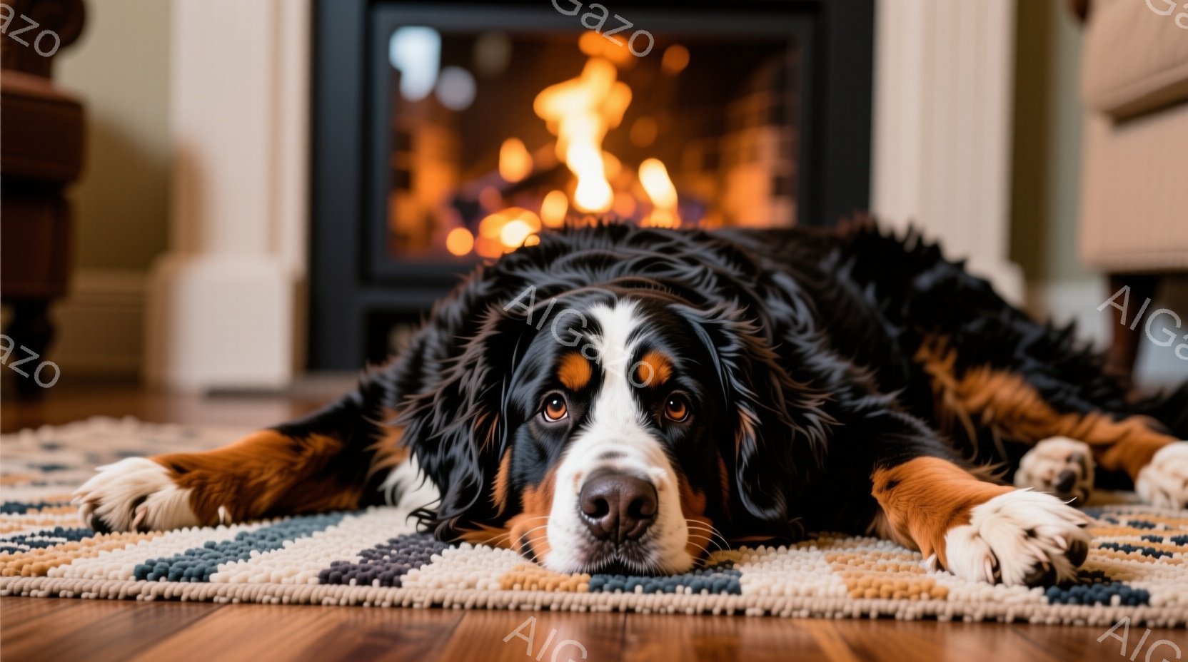 バーニーズ・マウンテン・ドッグがカラフルなラグの上に仰向けに寝ています。その表情は穏やかで、まるでリラックスした様子を表現しているようです。背景には暖炉があり、炎が燃え盛って、温かく居心地の良い雰囲気を醸し出しています。